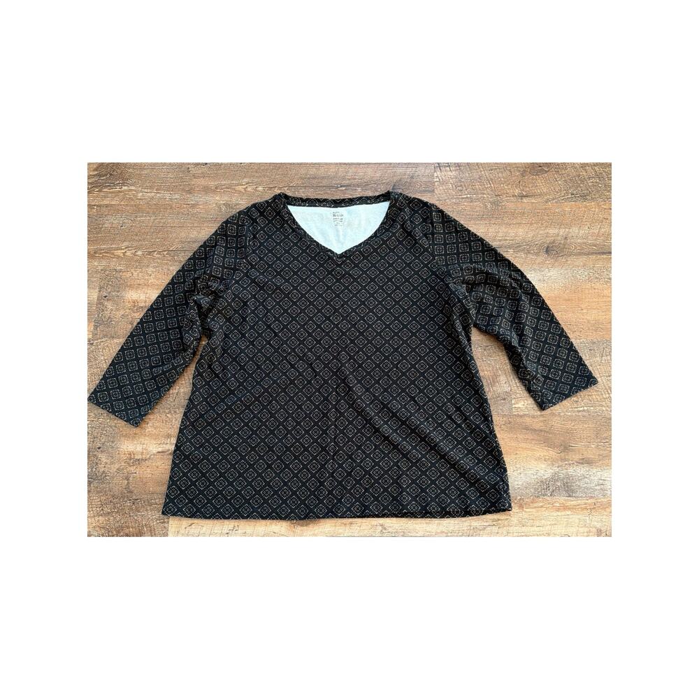 Kim Rogers Geometric Print V-Neck top Black/Tan 3/4 sleeve 2XL 100% Cotton